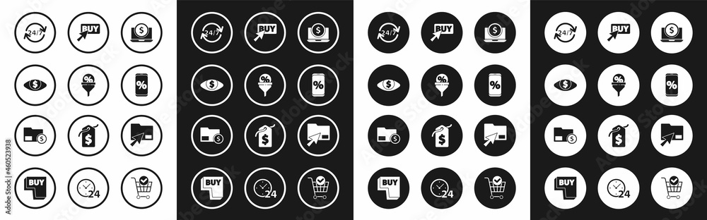 Set Laptop with dollar, Lead management, Eye, Clock 24 hours, Percent discount and mobile, Buy button, Cursor click document folder and Envelope coin icon. Vector Set Laptop with dollar, Lead management, Eye, Clock 24 hours, Percent discount and mobile, Buy button, Cursor click document folder and Envelope coin icon. Vector