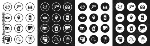 Set Laptop with dollar, Lead management, Eye, Clock 24 hours, Percent discount and mobile, Buy button, Cursor click document folder and Envelope coin icon. Vector