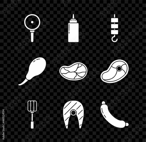 Set Frying pan, Sauce bottle, Grilled shish kebab on skewer stick, Spatula, Fish steak, Sausage, Chicken leg and Steak meat icon. Vector