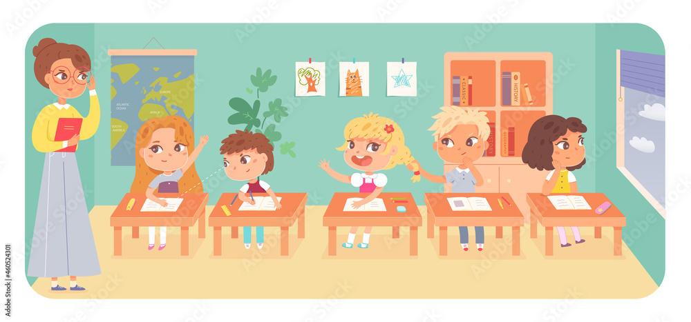 Teacher and children in school classroom, group of cute boy girl sitting on lesson Teacher and children in school classroom, group of cute boy girl sitting on lesson