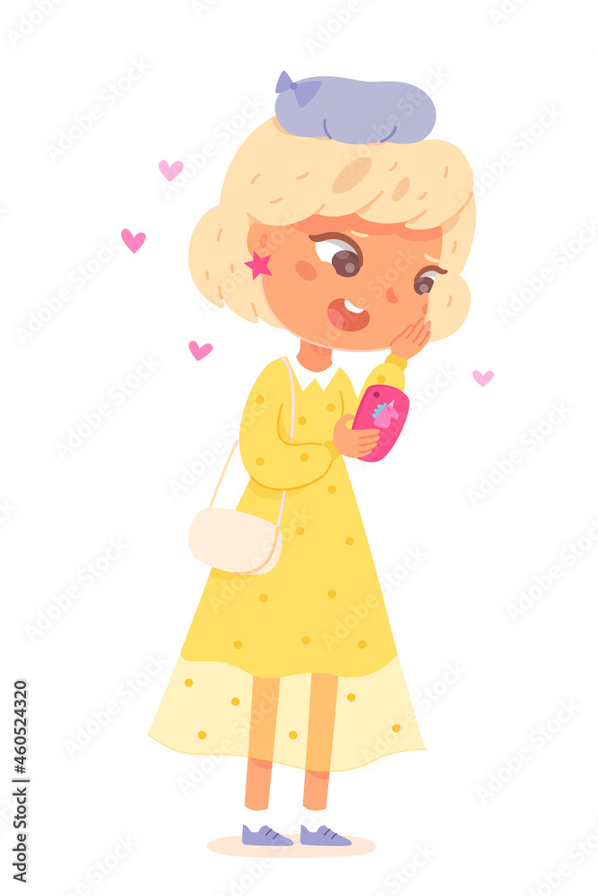 Little girl talking on phone. Kid calling on smartphone isolated on white background. Child holding mobile device in hand vector illustration. Fun social activities with electronics Little girl talking on phone. Kid calling on smartphone isolated on white background. Child holding mobile device in hand vector illustration. Fun social activities with electronics