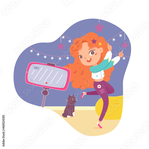Cheerful little girl dancing singing song shooting video use smartphone at home vector illustration