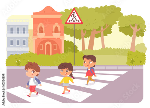 School children pedestrians crossing city street on zebra, safety walk on crossroad