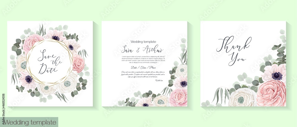 Vector floral frame. Template for invitation or greeting card. Pink and white roses, rununculus, anemones, eucalyptus, green plants and leaves. Vector floral frame. Template for invitation or greeting card. Pink and white roses, rununculus, anemones, eucalyptus, green plants and leaves.