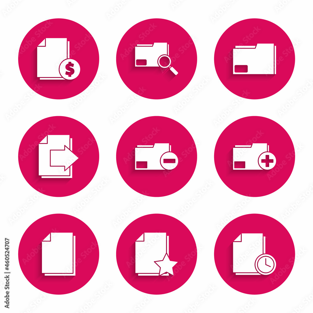 Set Document folder with minus, star, clock, Add new, Next page arrow, and Finance document icon. Vector Set Document folder with minus, star, clock, Add new, Next page arrow, and Finance document icon. Vector
