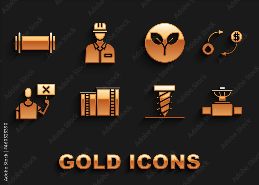 Set Oil industrial factory building, exchange, Industry pipe and valve, Rotating drill digging hole, Nature saving protest, Bio fuel, and Oilman icon. Vector Set Oil industrial factory building, exchange, Industry pipe and valve, Rotating drill digging hole, Nature saving protest, Bio fuel, and Oilman icon. Vector