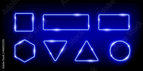 Neon frames glow, geometric shapes set, abstract borders with electric neon blue effect