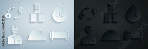 Set Worker safety helmet, Oil drop, Oilman, Industry pipe, Barrel oil and exchange icon. Vector