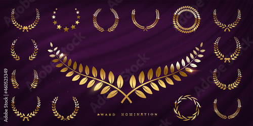 Award prize set, gold laurel wreath and stars on purple curtain, winner nomination emblem photo