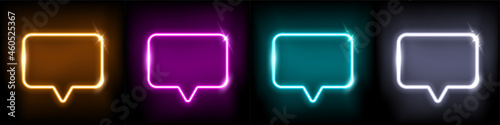 Neon speech chat bubble set, message sign with glowing neon frame border, retro cloud