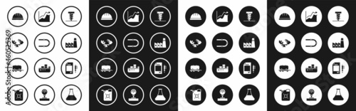 Set Rotating drill digging a hole, Wrecked oil tanker ship, Worker safety helmet, Oil industrial factory building, price increase, Contract money and pen and railway cistern icon. Vector