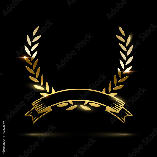 Laurel wreath with golden ribbon frame, medal for winner champion, symbol of victory