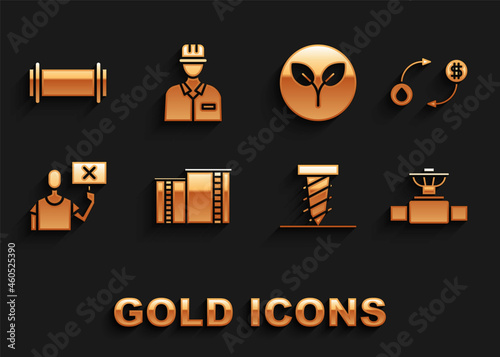 Set Oil industrial factory building, exchange, Industry pipe and valve, Rotating drill digging hole, Nature saving protest, Bio fuel, and Oilman icon. Vector