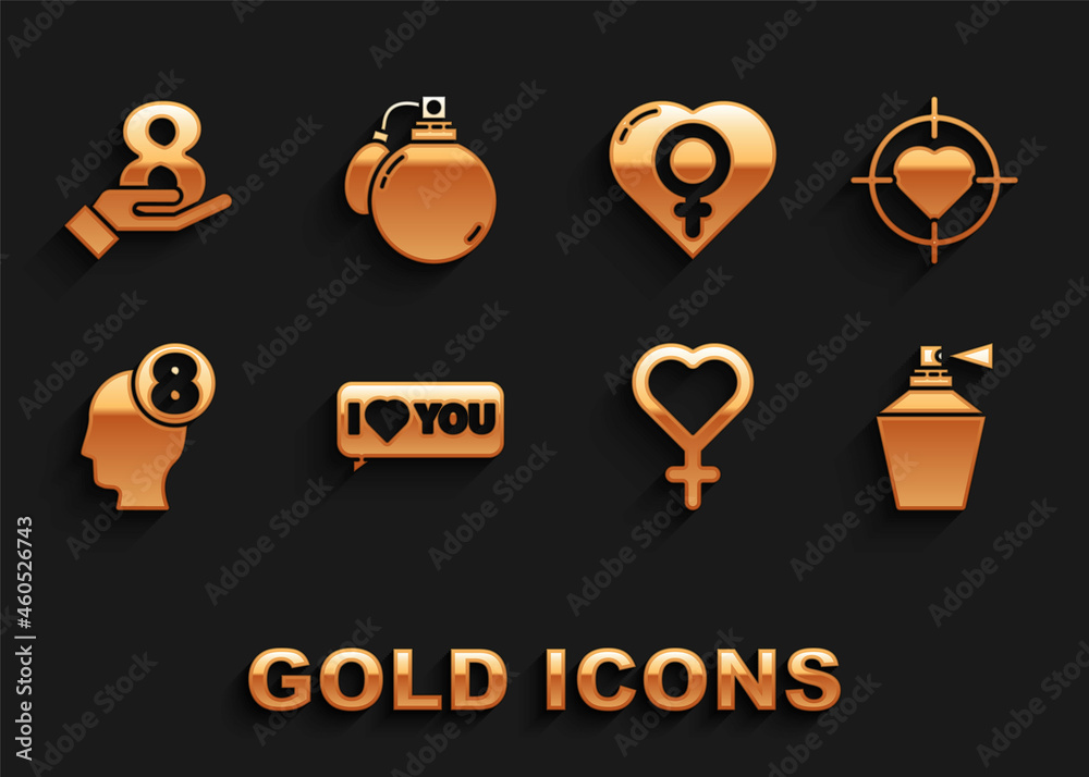 Set Speech bubble with I love you, Heart in the center of target aim, Perfume, Female gender symbol, 8 March human head, heart, on hand and icon. Vector Set Speech bubble with I love you, Heart in the center of target aim, Perfume, Female gender symbol, 8 March human head, heart, on hand and icon. Vector