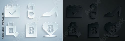 Set Greeting card with 8 March, Woman shoe, Shopping bag heart, Heart, Please do not disturb and Calendar icon. Vector