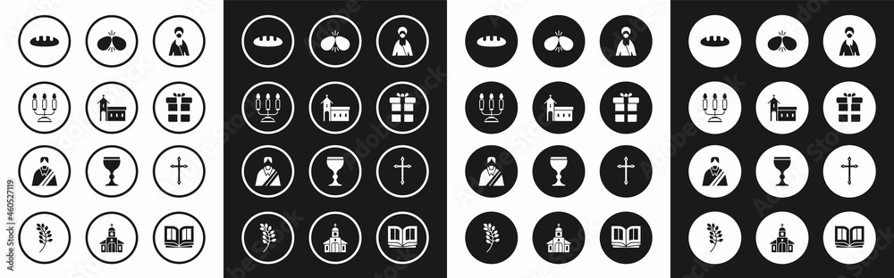 Set Jesus Christ, Church building, Candelabrum with candlesticks, Bread loaf, Gift box, Easter eggs, Christian cross and icon. Vector Set Jesus Christ, Church building, Candelabrum with candlesticks, Bread loaf, Gift box, Easter eggs, Christian cross and icon. Vector
