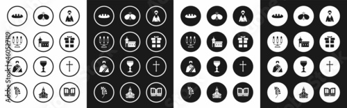 Set Jesus Christ, Church building, Candelabrum with candlesticks, Bread loaf, Gift box, Easter eggs, Christian cross and icon. Vector