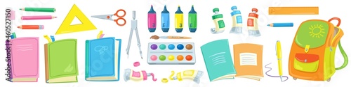 School supplies. Books, exercise books, pens, pencils, compass, paints, brush, eraser, scissors, rulers and backpack. Banner in cartoon style. Isolated on white background. Vector flat illustration