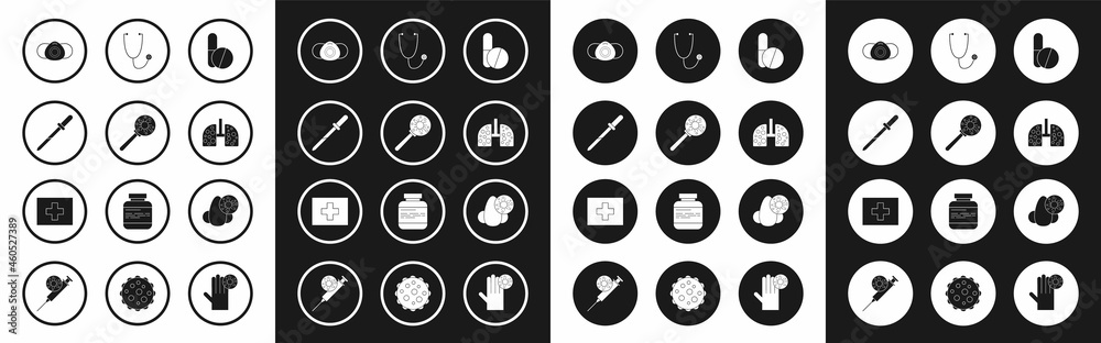 Set Medicine pill or tablet, Virus under magnifying glass, Pipette, Medical protective mask, cells lung, Stethoscope, Runny nose and virus and First aid kit icon. Vector