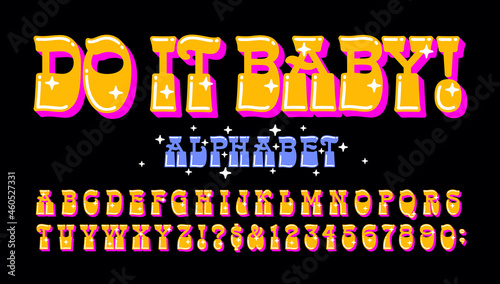 Do It Baby! is a bright neon colored alphabet full of fun and whimsy. This font has great retro appeal and pop art qualities; ideal for short quotes, social media art, and stickers.