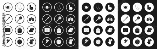 Set Medicine pill or tablet, Virus under magnifying glass, Pipette, Medical protective mask, cells lung, Stethoscope, Runny nose and virus and First aid kit icon. Vector