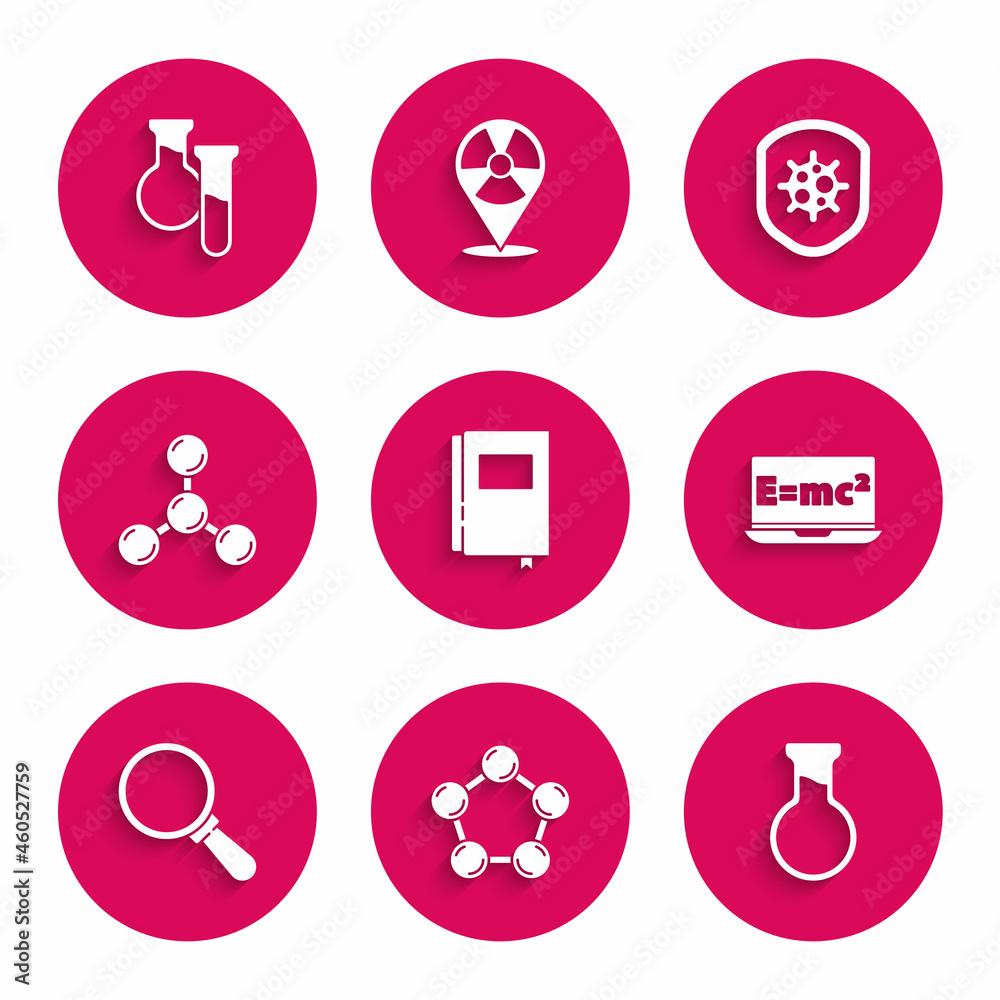 Set Book, Molecule, Test tube and flask, Equation solution, Magnifying glass, Shield protecting from virus and icon. Vector Set Book, Molecule, Test tube and flask, Equation solution, Magnifying glass, Shield protecting from virus and icon. Vector