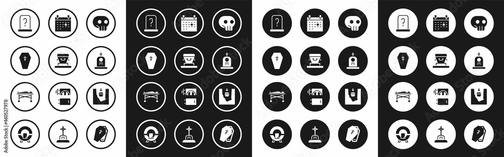 Set Skull, Coffin, with cross, Grave tombstone, Calendar death, grave and Dead body the morgue icon. Vector Set Skull, Coffin, with cross, Grave tombstone, Calendar death, grave and Dead body the morgue icon. Vector