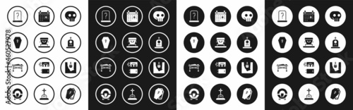 Set Skull, Coffin, with cross, Grave tombstone, Calendar death, grave and Dead body the morgue icon. Vector