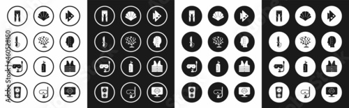 Set Fish, Coral, Knife, Wetsuit, Diving hood, Scallop sea shell, Life jacket and mask and snorkel icon. Vector