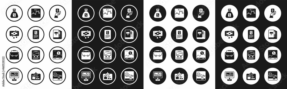 Set Hand holding Bitcoin, Business finance report, Stacks paper money cash, Money bag, Office folders, Browser with growth graph, Website and Briefcase icon. Vector Set Hand holding Bitcoin, Business finance report, Stacks paper money cash, Money bag, Office folders, Browser with growth graph, Website and Briefcase icon. Vector