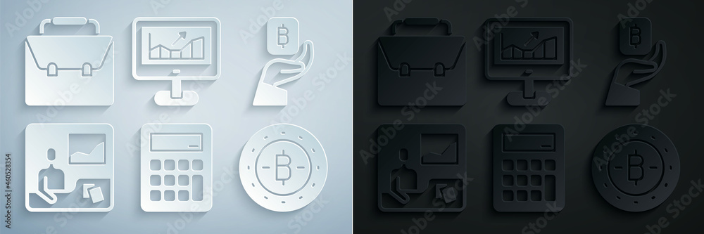 Set Calculator, Hand holding Bitcoin, Trading courses, Computer with growth graph and Briefcase icon. Vector