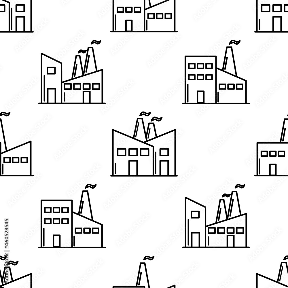 Factory plantation seamless pattern. Vector manufacture industrial illustration for backgrounds. Line black vector repeatable ornament isolated on white background