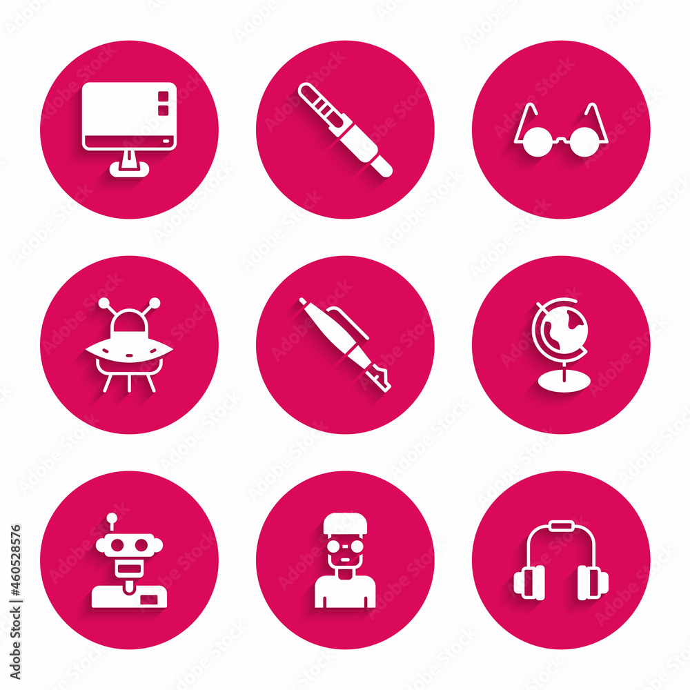 Set Fountain pen nib, Nerd geek, Headphones, Earth globe, Robot, UFO flying spaceship, Eyeglasses and Computer monitor screen icon. Vector Set Fountain pen nib, Nerd geek, Headphones, Earth globe, Robot, UFO flying spaceship, Eyeglasses and Computer monitor screen icon. Vector