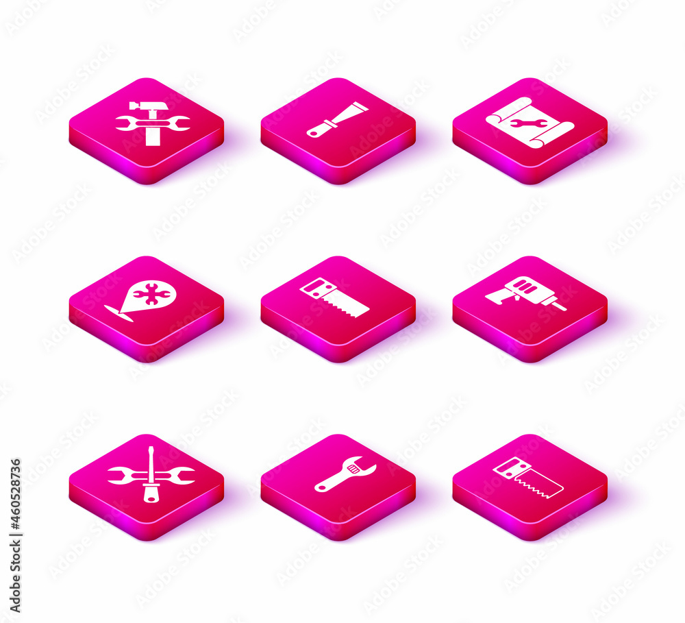 Set Screwdriver and wrench, Adjustable, Location with, Hand saw, Electric drill machine, Graphing paper and Putty knife icon. Vector Set Screwdriver and wrench, Adjustable, Location with, Hand saw, Electric drill machine, Graphing paper and Putty knife icon. Vector