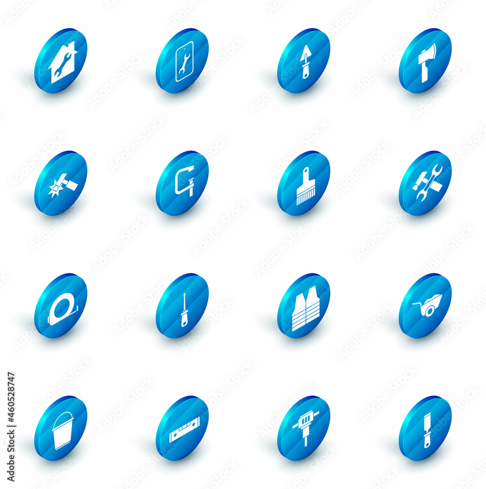 Set Mobile service, Trowel, Wooden axe, Hammer, Roulette construction, Clamp and screw tool, wrench and Paint brush icon. Vector Set Mobile service, Trowel, Wooden axe, Hammer, Roulette construction, Clamp and screw tool, wrench and Paint brush icon. Vector