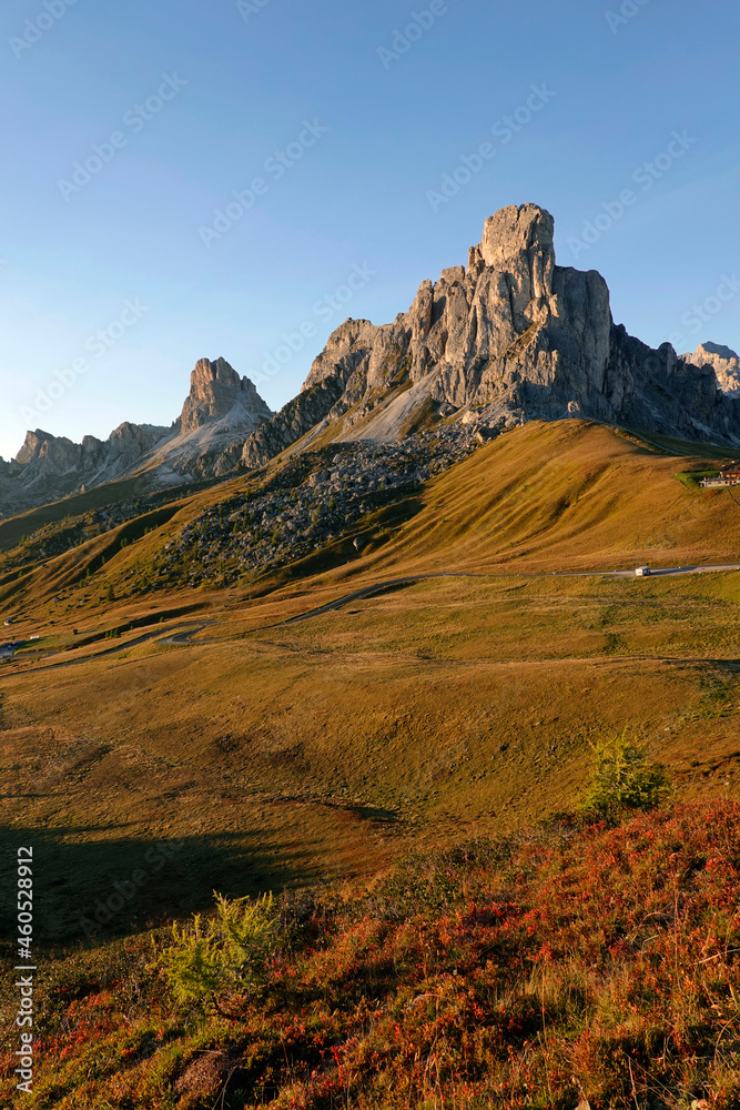 Scenic landscape of Ra Gusela in Giau Pass or Passo di Giau - 2236m. Mountain pass in the province of Belluno in Italy, Europe