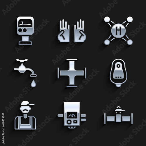 Set Industry metallic pipe, Gas boiler, and valve, Toilet urinal or pissoir, Plumber, Water tap, and Pressure water meter icon. Vector