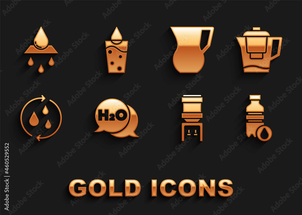 Set Chemical formula for H2O, Water jug with filter, Bottle of water, cooler, Recycle clean aqua, Jug glass, and Glass icon. Vector