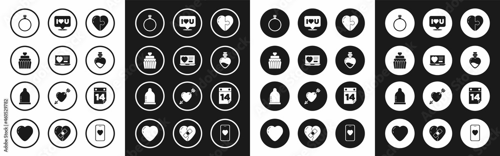 Set Heart, Dating app online, Wedding cake with heart, Diamond engagement ring, Bottle love potion, Speech bubble I you, Calendar February 14 and Condom icon. Vector Set Heart, Dating app online, Wedding cake with heart, Diamond engagement ring, Bottle love potion, Speech bubble I you, Calendar February 14 and Condom icon. Vector