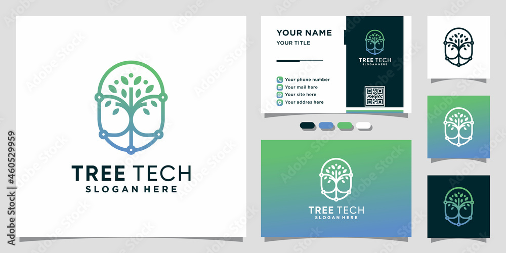Nature tree logo technology with unique linear style and business card design Premium Vector