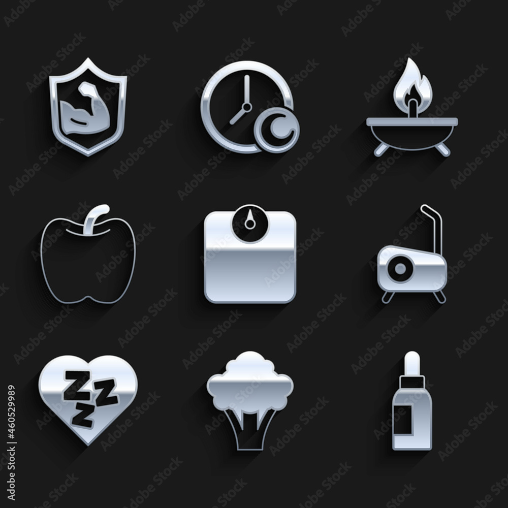 Set Bathroom scales, Broccoli, Essential oil bottle, Stationary bicycle, Sleepy, Apple, Aroma candle and Bodybuilder muscle icon. Vector