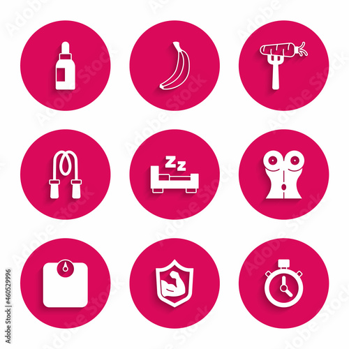 Set Time to sleep, Bodybuilder muscle, Stopwatch, Women waist, Bathroom scales, Jump rope, Carrot on fork and Essential oil bottle icon. Vector