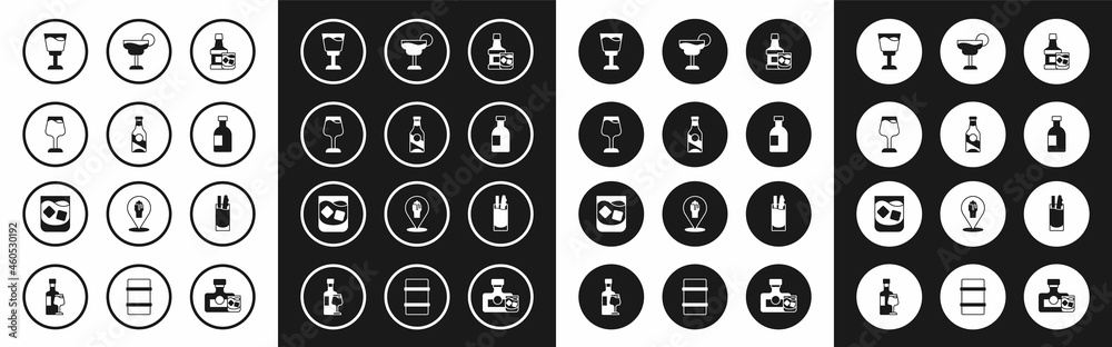 Set Whiskey bottle and glass, Beer, Wine, Glass of vodka, Cocktail, Bloody Mary and whiskey icon. Vector