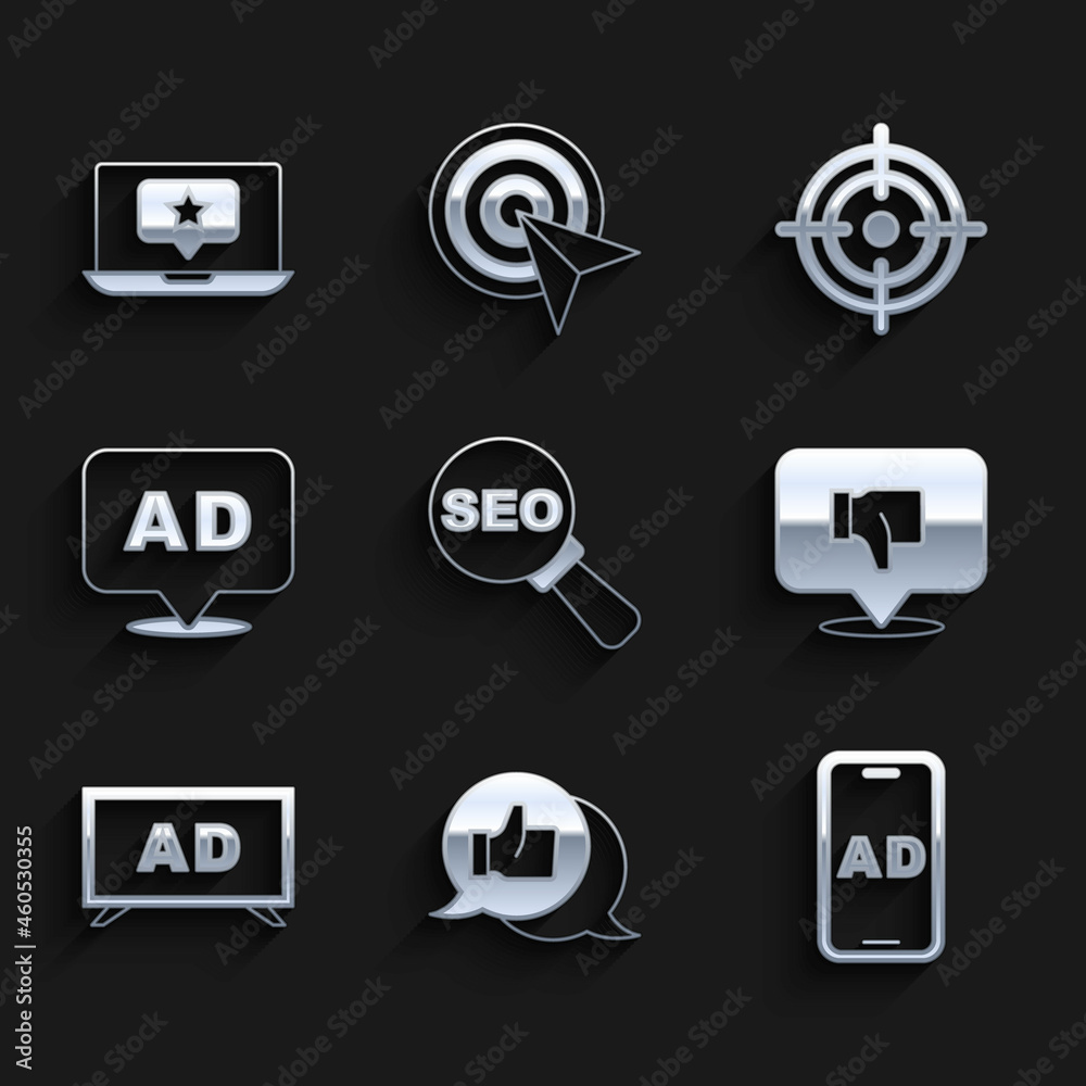 Set SEO optimization, Customer product rating, Advertising, Dislike speech bubble, Target and Laptop with star icon. Vector Set SEO optimization, Customer product rating, Advertising, Dislike speech bubble, Target and Laptop with star icon. Vector