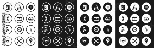 Set Gear shifter, Car battery, Wrench spanner, Canister for motor oil, Speedometer, jumper power cable, muffler and Paint spray gun icon. Vector
