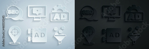 Set Advertising, Target, Lead management, Monitor with star and SEO optimization icon. Vector
