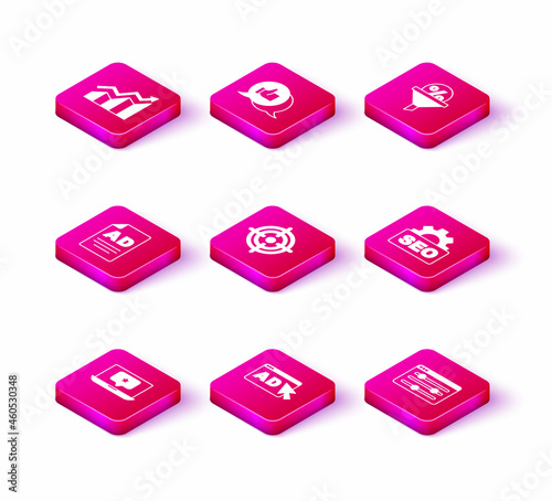 Set Laptop with star, Advertising, Target, Browser setting, SEO optimization, Lead management and Customer product rating icon. Vector