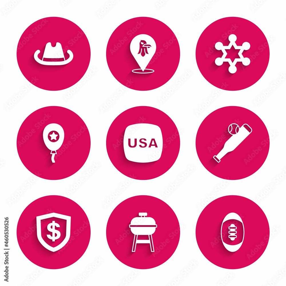 Set USA Independence day, Barbecue grill, American Football ball, Baseball bat with, Shield dollar, Balloons, Hexagram sheriff and Western cowboy hat icon. Vector Set USA Independence day, Barbecue grill, American Football ball, Baseball bat with, Shield dollar, Balloons, Hexagram sheriff and Western cowboy hat icon. Vector