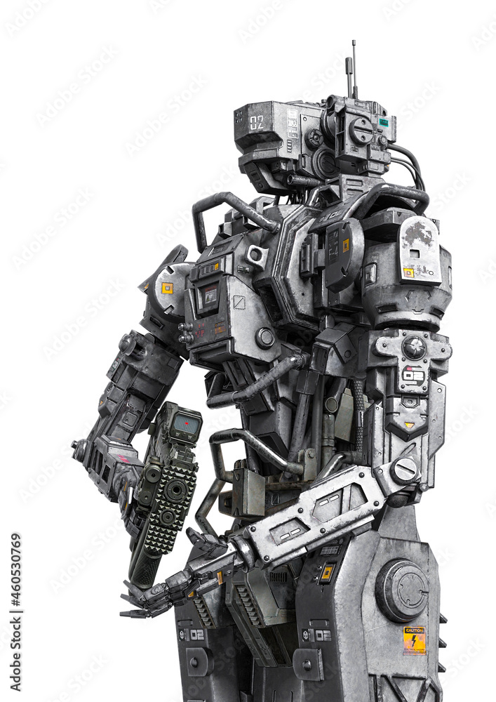 super droid in sentinel pose and holding a cyberpunk sniper rifle side close up view super droid in sentinel pose and holding a cyberpunk sniper rifle side close up view
