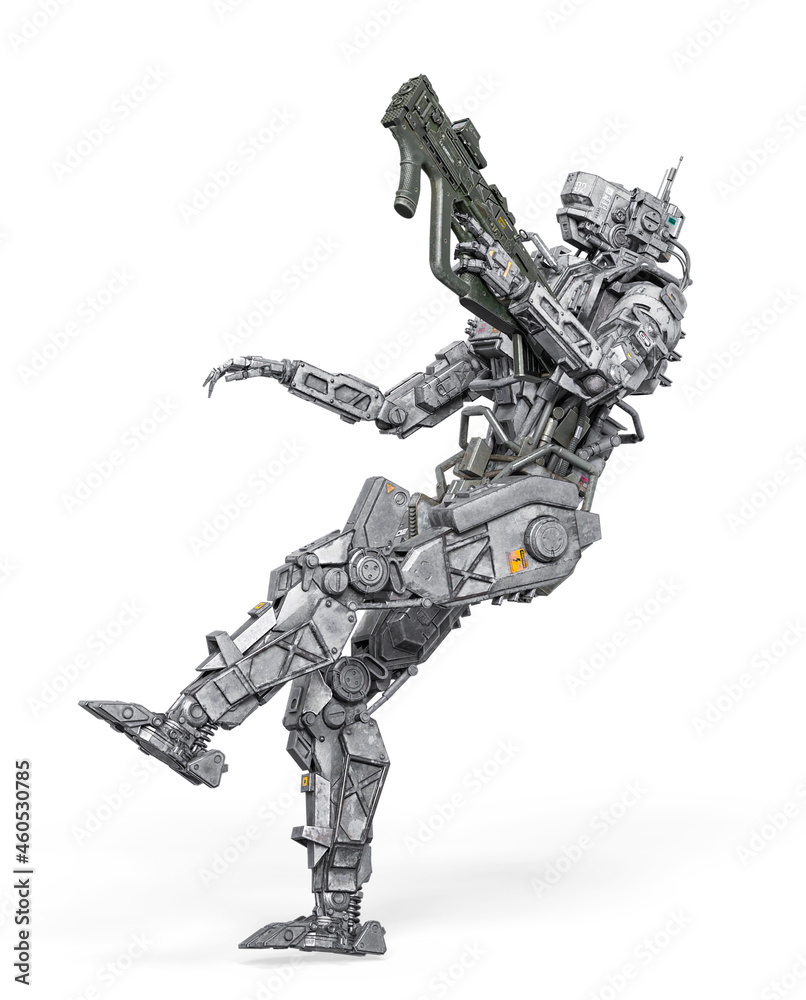 super droid is falling down holding a cyberpunk sniper rifle super droid is falling down holding a cyberpunk sniper rifle